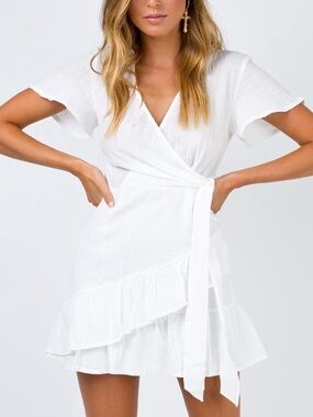 Princess Polly White Mini Dress Size 4 Wrap Style Ruffle Hem Cotton Summer